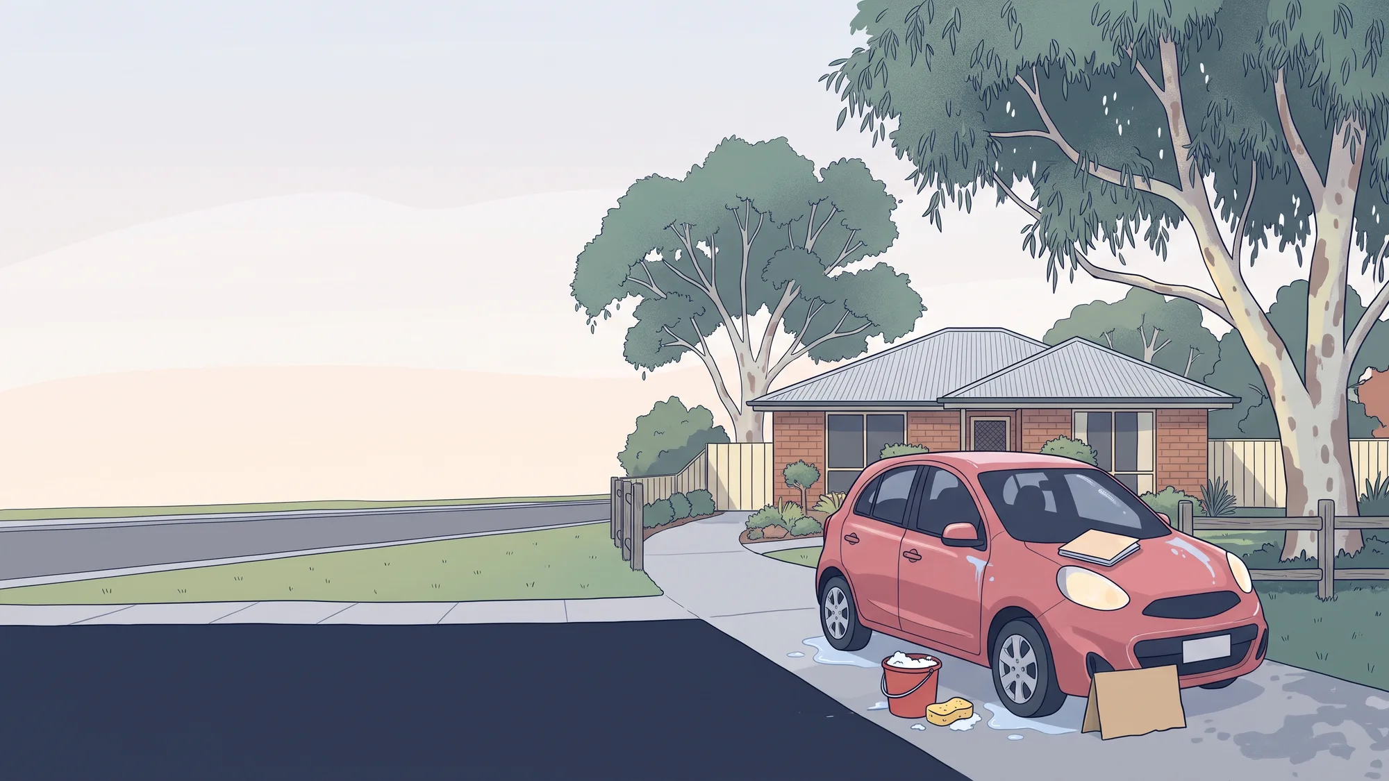 A freshly washed pink hatchback in a suburban driveway under gum trees, with a bucket, a sponge, a folder of papers on the bonnet and a blank sign by the front wheel.